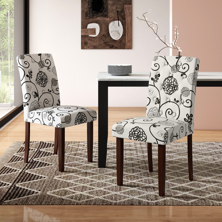 Button tufted beige floral dining chairs set of 2 with high curved back, perfect for home or restaurant use.