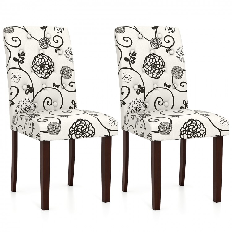 Set of 2 button tufted dining chairs with beige floral fabric and sturdy rubber wood legs for versatile seating.