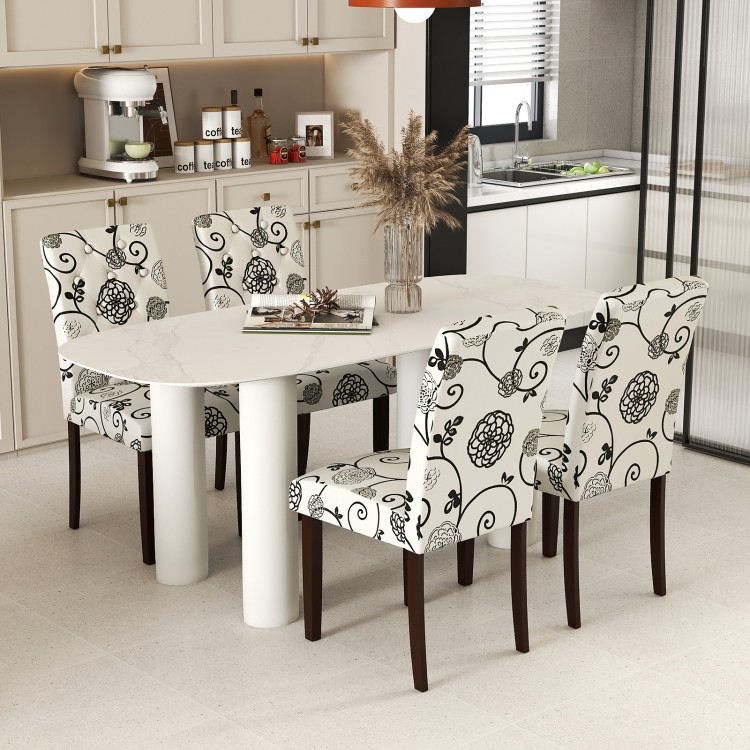Button tufted beige dining chairs with floral pattern, featuring curved backs and sturdy rubber wood legs, ideal for.