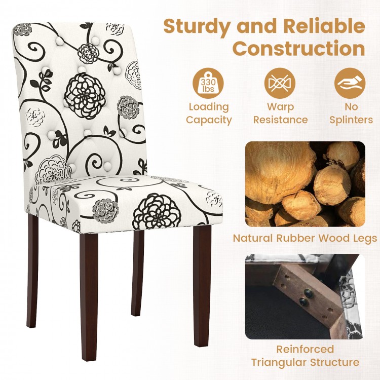 Button tufted beige dining chair with floral design, rubber wood legs, and plush padding for comfort and style.
