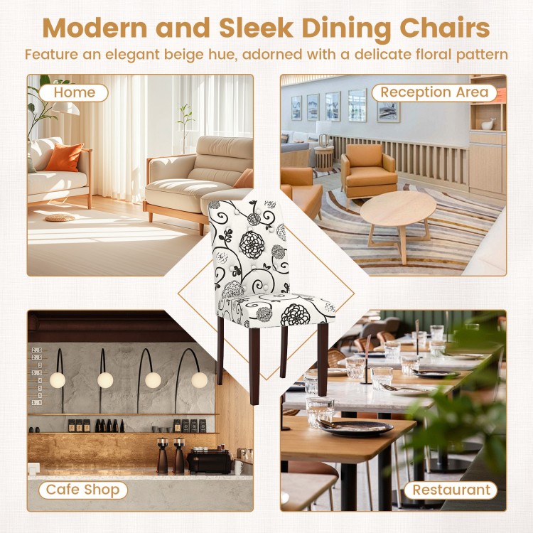 Button tufted beige dining chair set of 2 with floral pattern, perfect for homes, cafes, and restaurants.