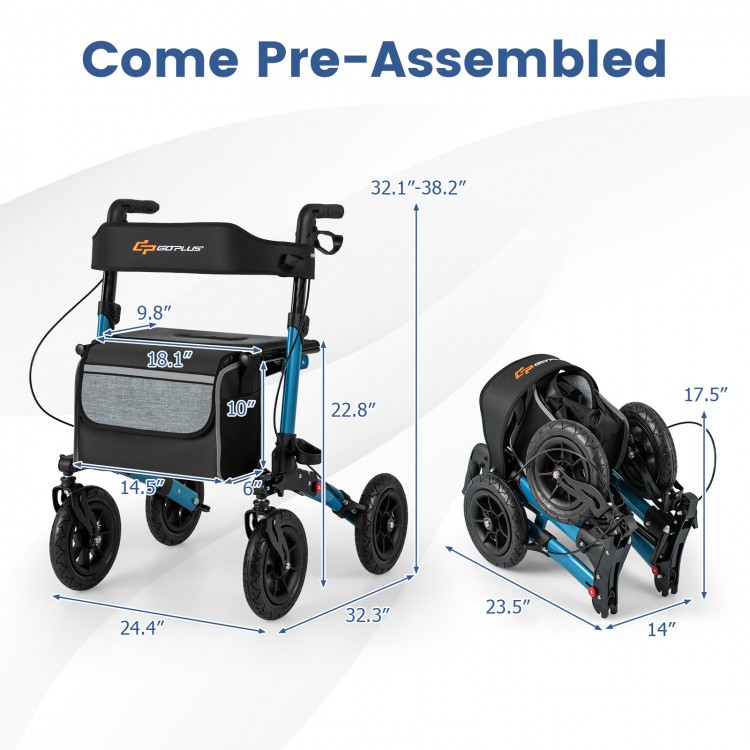 Folding rollator walker with seat, featuring large pneumatic tires and adjustable height for all-terrain use.