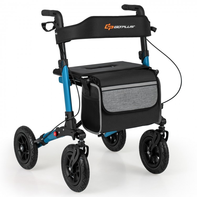Folding rollator walker with seat, adjustable height, anti-vibration tires, and large storage bag for seniors.
