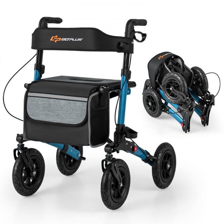 Folding rollator walker with seat, featuring large anti-vibration tires and a convenient storage bag, ideal for seniors.