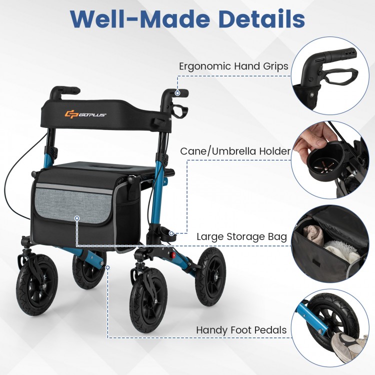 Folding rollator walker with ergonomic hand grips, large storage bag, and cane holder, designed for all-terrain use.