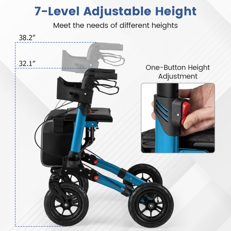 Folding rollator walker with adjustable height settings, ergonomic grips, and large anti-vibration tires for all.