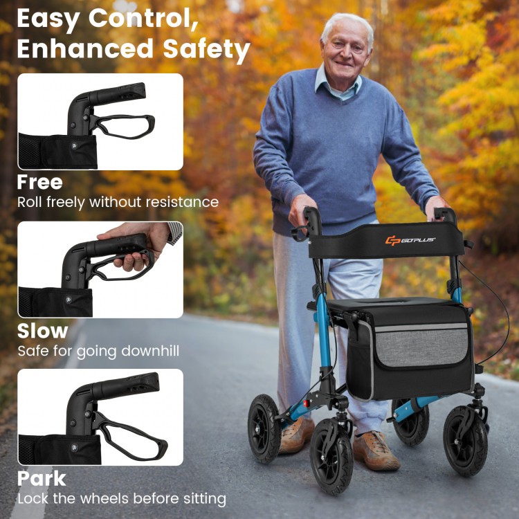Folding rollator walker with seat, featuring ergonomic grips, large anti-vibration tires, and convenient storage for.
