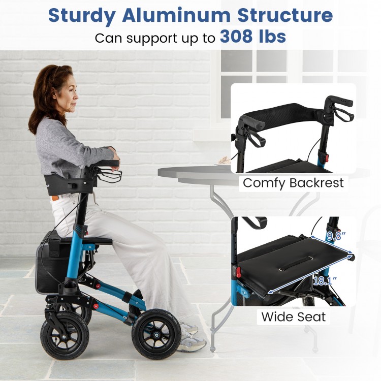 Folding rollator walker with seat, sturdy aluminum structure, comfy backrest, supports up to 308 lbs for seniors.