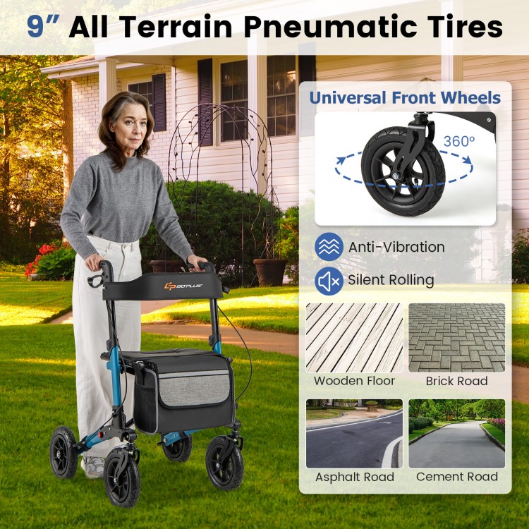 Folding rollator walker with seat features 9" all-terrain pneumatic tires, ergonomic grips, and adjustable height for.