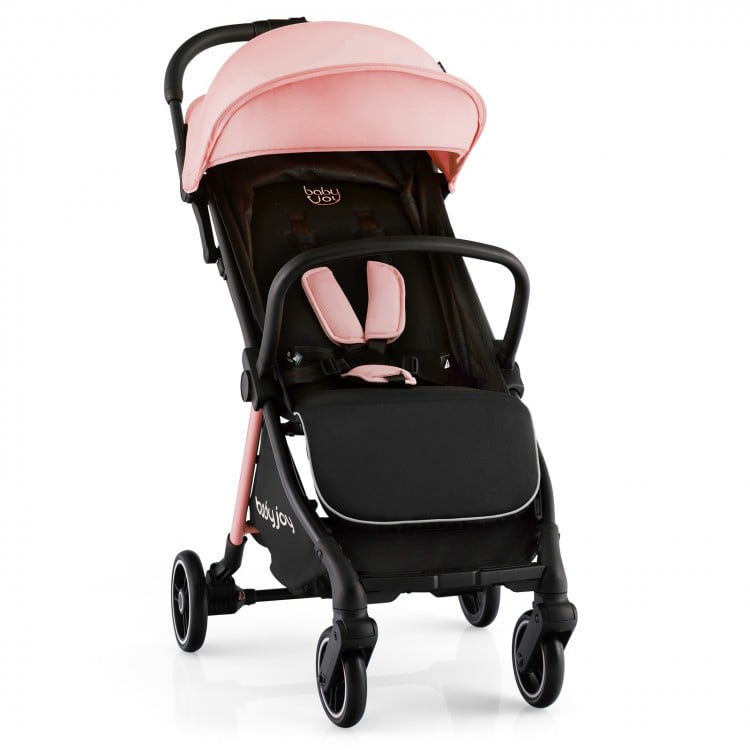 Lightweight stroller with aluminum frame in pink, featuring adjustable backrest, 5-point harness, and large storage.