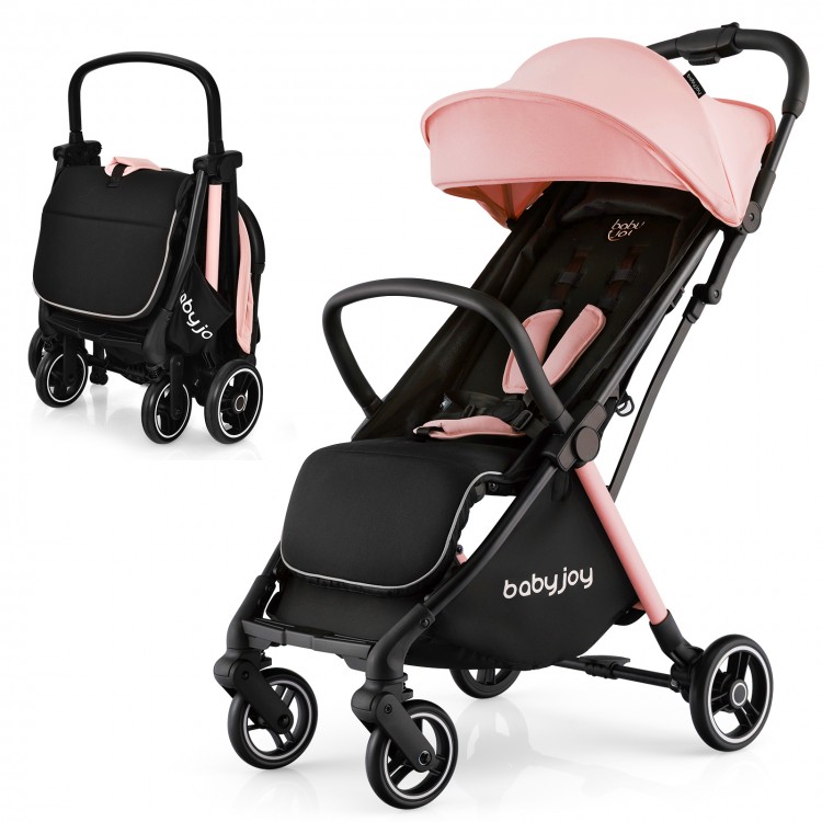Lightweight aluminum stroller in pink and black with one-hand folding, adjustable backrest, and large storage basket.