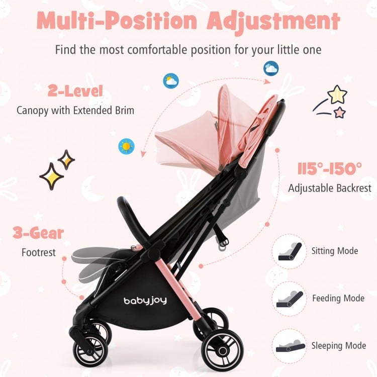 Lightweight stroller with adjustable backrest and footrest, featuring a one-hand folding design for easy transport.