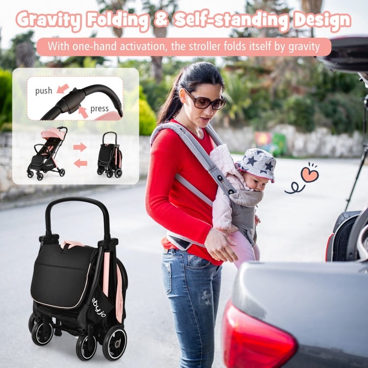 Lightweight portable stroller with aluminum frame, one-hand folding design, and adjustable backrest for easy transport.