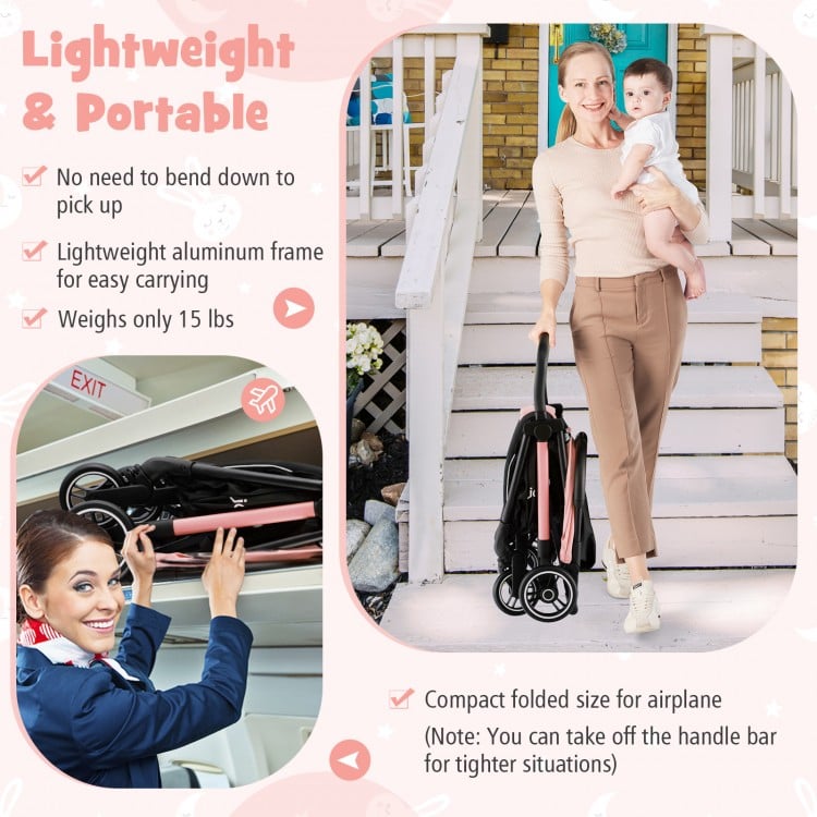 Lightweight portable stroller with aluminum frame, one-hand folding design, ideal for easy transport and storage.