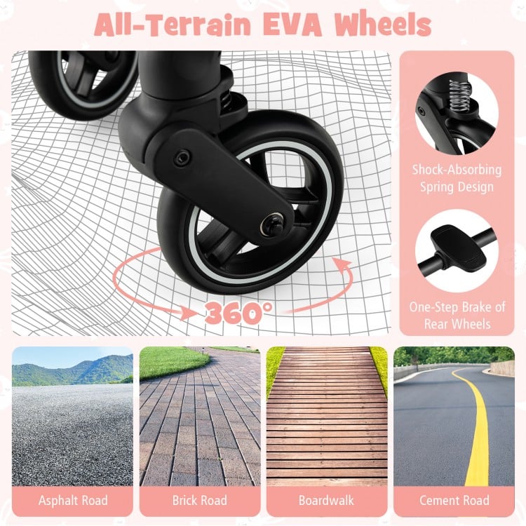 All-terrain EVA wheels with shock-absorbing design for the lightweight stroller, suitable for various road surfaces.