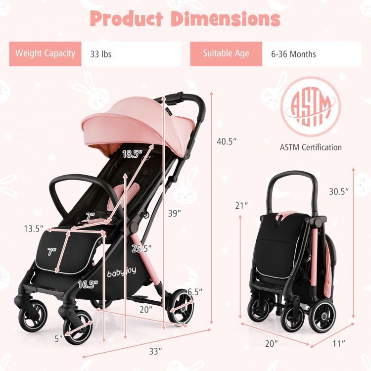 Portable lightweight stroller dimensions with adjustable features, 5-point safety harness, and aluminum frame for easy.