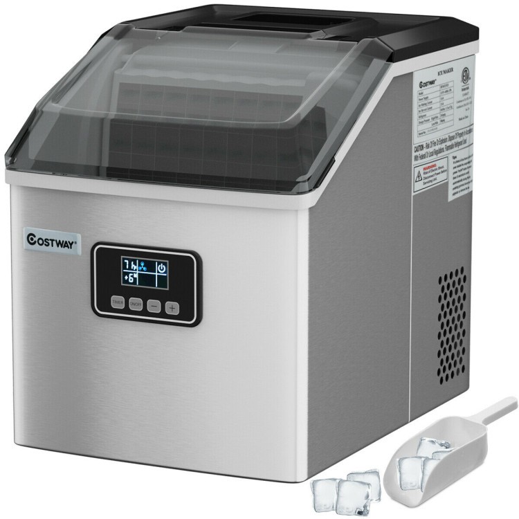 Stainless steel ice maker with LCD display, producing 48 lbs of ice daily, ideal for home kitchens and parties.