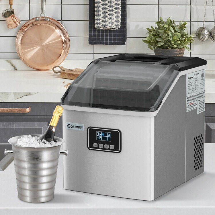Stainless steel 48 lbs ice maker with LCD display, making 24 square ice cubes per cycle, ideal for home and parties.