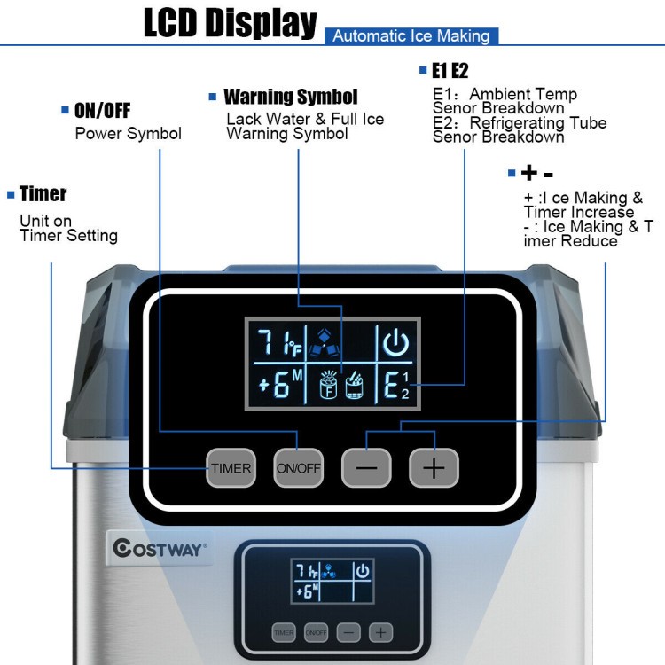 LCD display panel of the 48 lbs stainless self-clean ice maker, showing settings for ice making and temperature control.