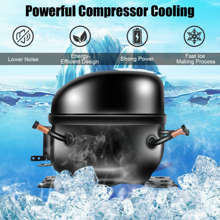 Powerful compressor ice maker with stainless steel body, producing 48 lbs of ice daily, ideal for home and parties.