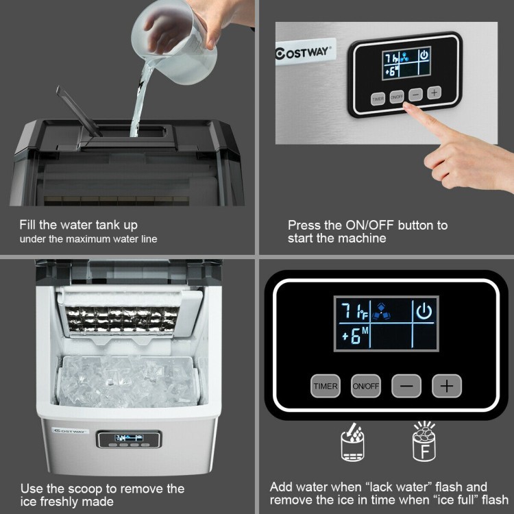 Self-cleaning stainless steel ice maker with LCD display, making 48 lbs of ice daily, ideal for home and parties.