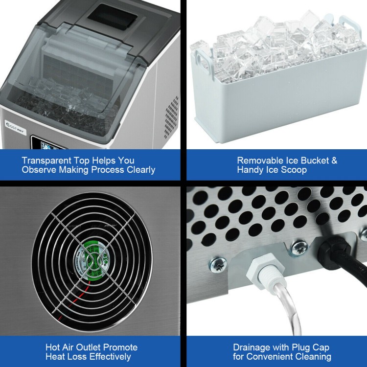 Transparent top view of the 48 lbs stainless steel ice maker with removable ice bucket and handy scoop for easy use.