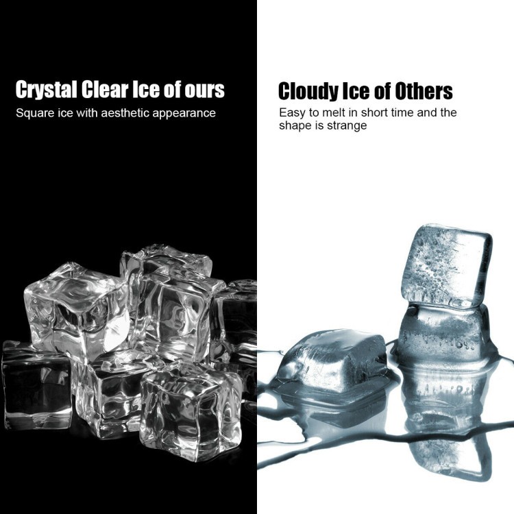 Square ice cubes from the 48 lbs stainless steel ice maker, showcasing aesthetic clarity for home and party use.