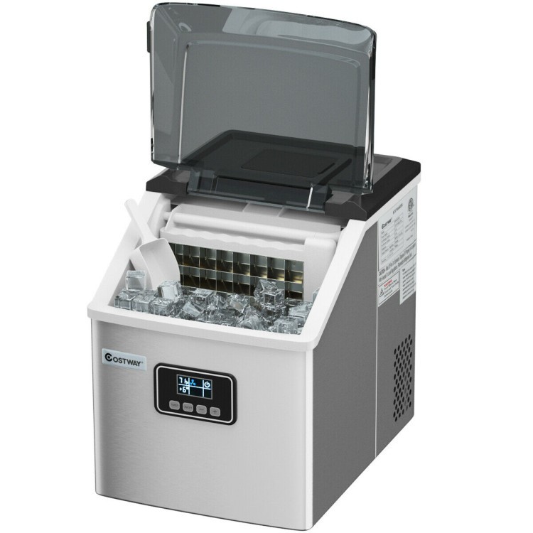 Stainless steel 48 lbs self-clean ice maker with LCD display, producing 24 ice cubes per cycle for home or bar use.
