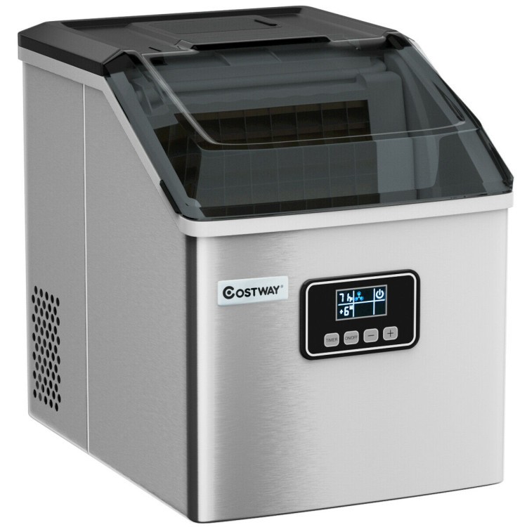 Stainless steel 48 lbs ice maker with LCD display, compact design, ideal for home kitchens and parties.