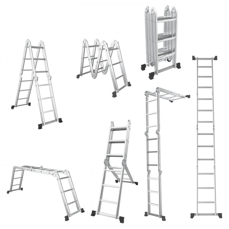 7-in-1 folding aluminum step ladder shown in various configurations, featuring anti-skid pedals and non-slip.