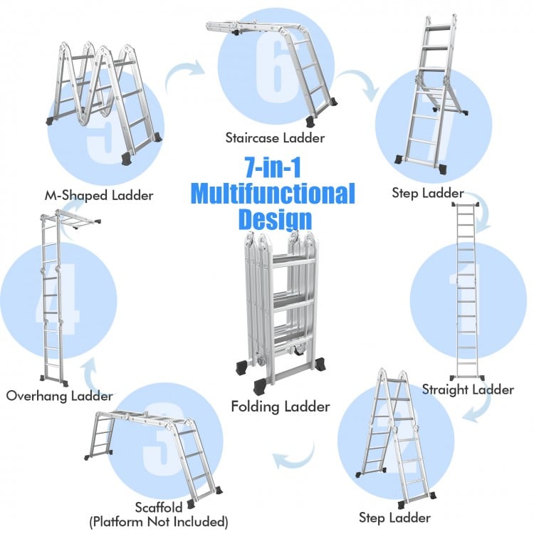 7-in-1 folding aluminum step ladder shown in various configurations, featuring anti-skid pedals for safety and.