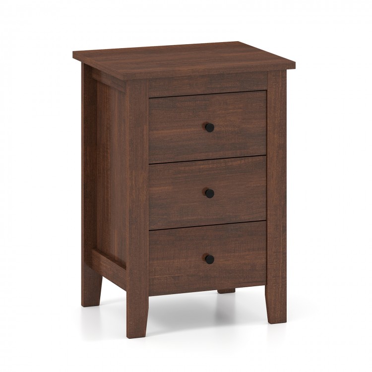 Walnut nightstand with three sliding drawers, made of MDF board, perfect for space-saving storage in any room.