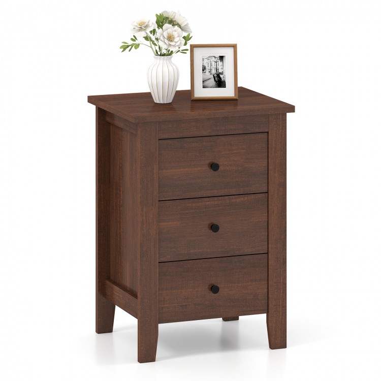 Walnut nightstand with three drawers, featuring a space-saving design and elegant appearance for versatile room use.