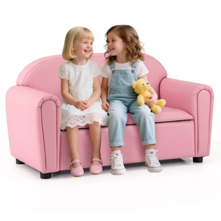Kids sofa in pink with armrests, featuring storage underneath, perfect for reading and relaxing. Ideal for children's.