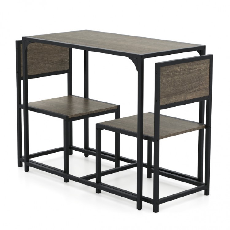 Compact dining set featuring a metal frame with oak finish, includes a table and two chairs for small spaces.