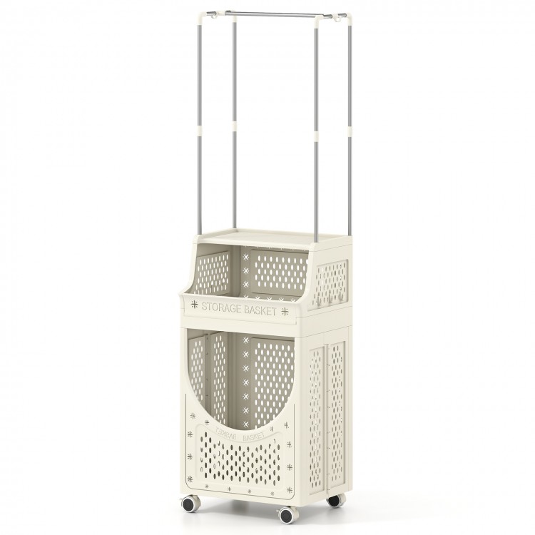 3-tier laundry cart with a folding hamper, hanging bar, and 8 hooks for organized laundry and easy transport.