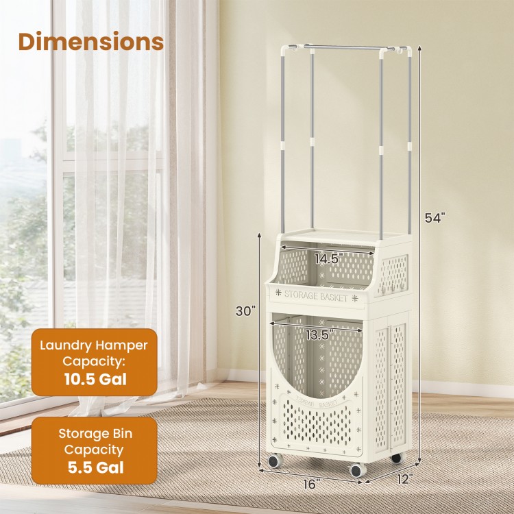 Folding laundry cart with 10.5-gal hamper, hanging bar, and 8 hooks for organized laundry and essentials.