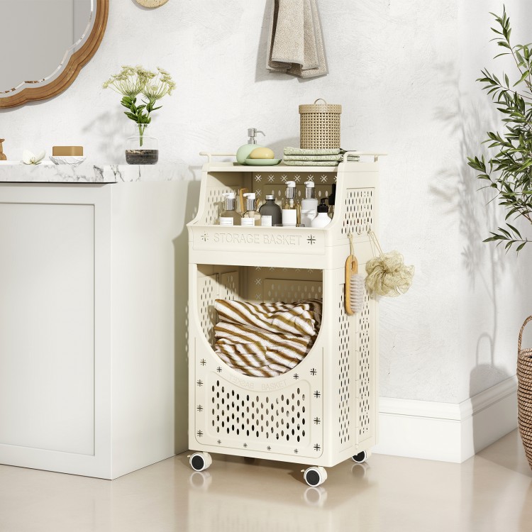 3-tier laundry cart with lockable wheels, spacious hamper, and top shelf for detergents, ideal for organizing.