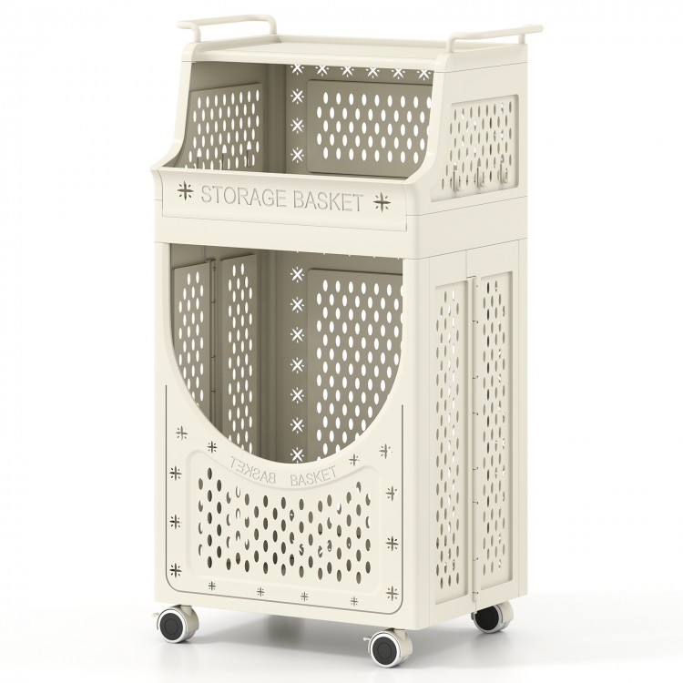 3-tier laundry cart with ventilated panels, lockable wheels, and compact design for easy transport and storage.