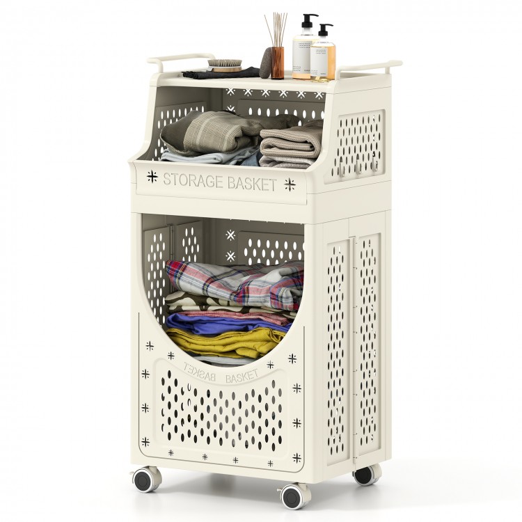 3-tier laundry cart with ventilated panels, lockable wheels, and spacious baskets for organized laundry and essentials.