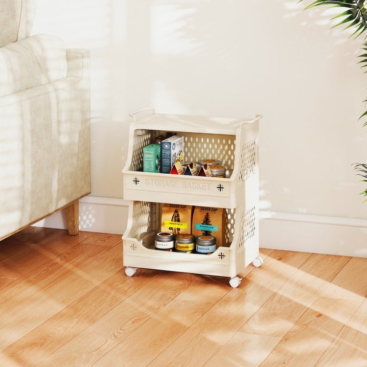3-tier rolling laundry basket with wheels, featuring open shelves and side hooks for versatile storage in any room.