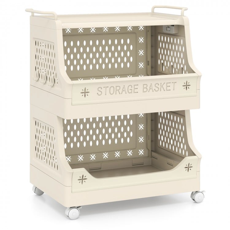 3-tier rolling laundry basket storage cart in beige with wheels, side hooks, and hollow patterns for ventilation.