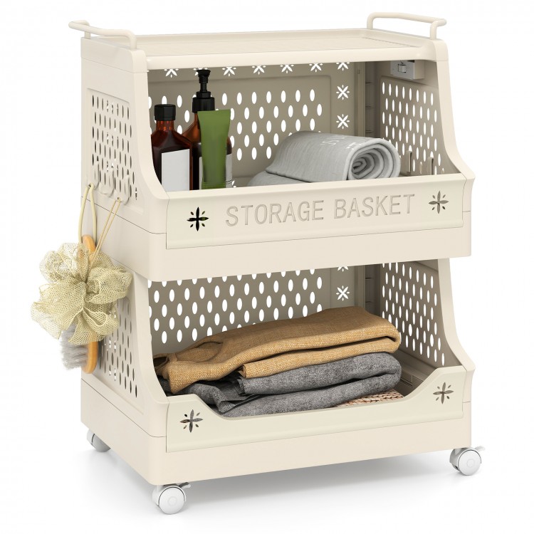 3-tier rolling laundry basket with wheels, plastic storage cart featuring open shelves and side hooks for versatile.