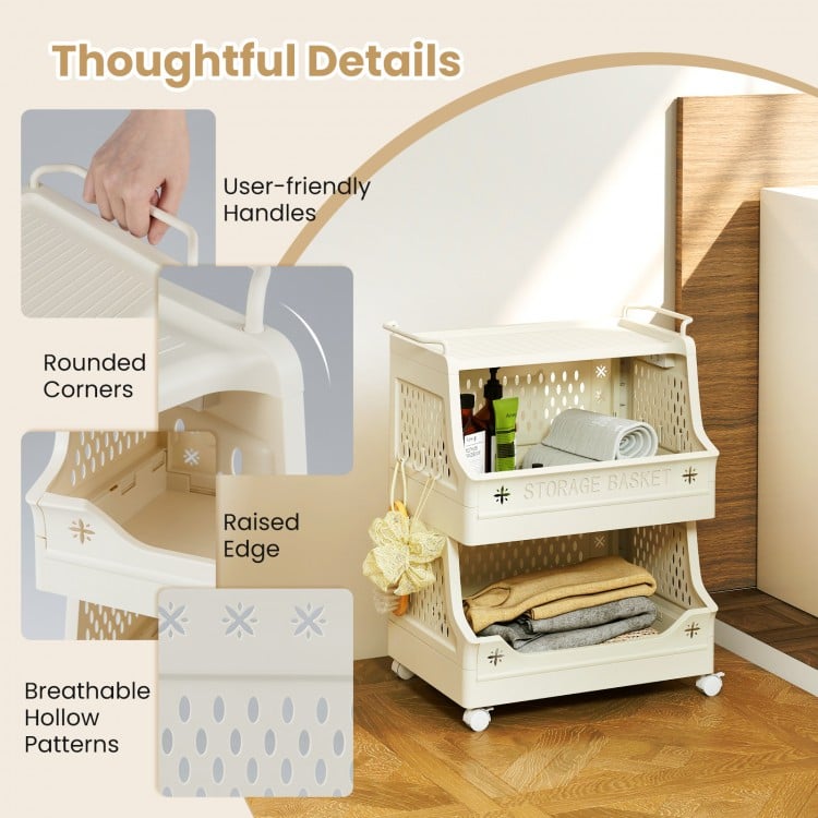 3-tier rolling laundry basket with wheels, featuring user-friendly handles and breathable hollow patterns for versatile.