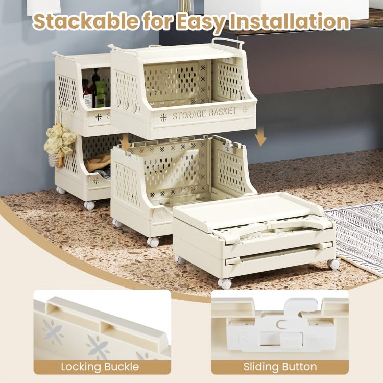 3-tier rolling laundry basket with wheels, featuring side hooks and a locking buckle design for easy installation and.