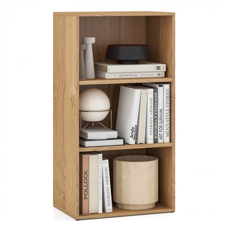 3-tier natural wood bookcase with adjustable shelves, ideal for home office storage and display.