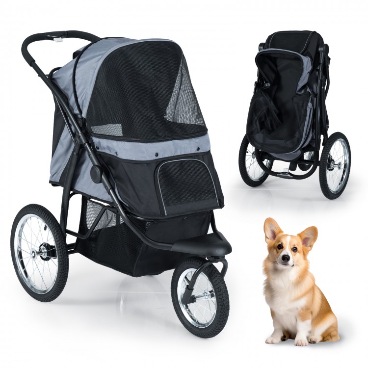 3-wheel pet stroller in gray for small and medium dogs, featuring mesh sides and foldable design for easy transport.