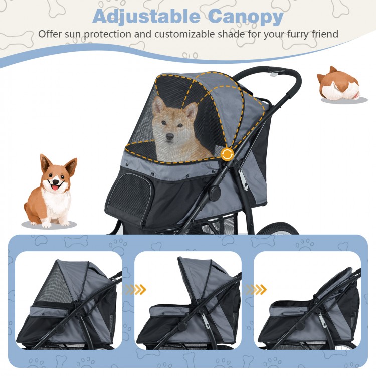 3-wheel pet stroller for small and medium dogs with adjustable canopy, mesh sides, and foldable design for easy.