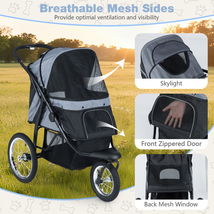 3-wheel pet stroller with breathable mesh sides, front zippered door, and skylight for small and medium dogs.