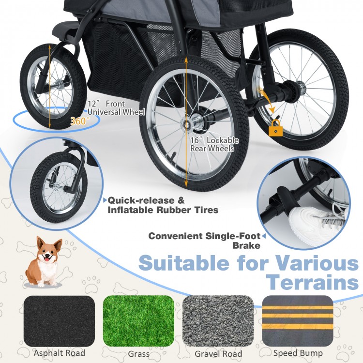 3-wheel pet stroller with 12" front wheel and 16" lockable rear wheels, ideal for small dogs on various terrains.